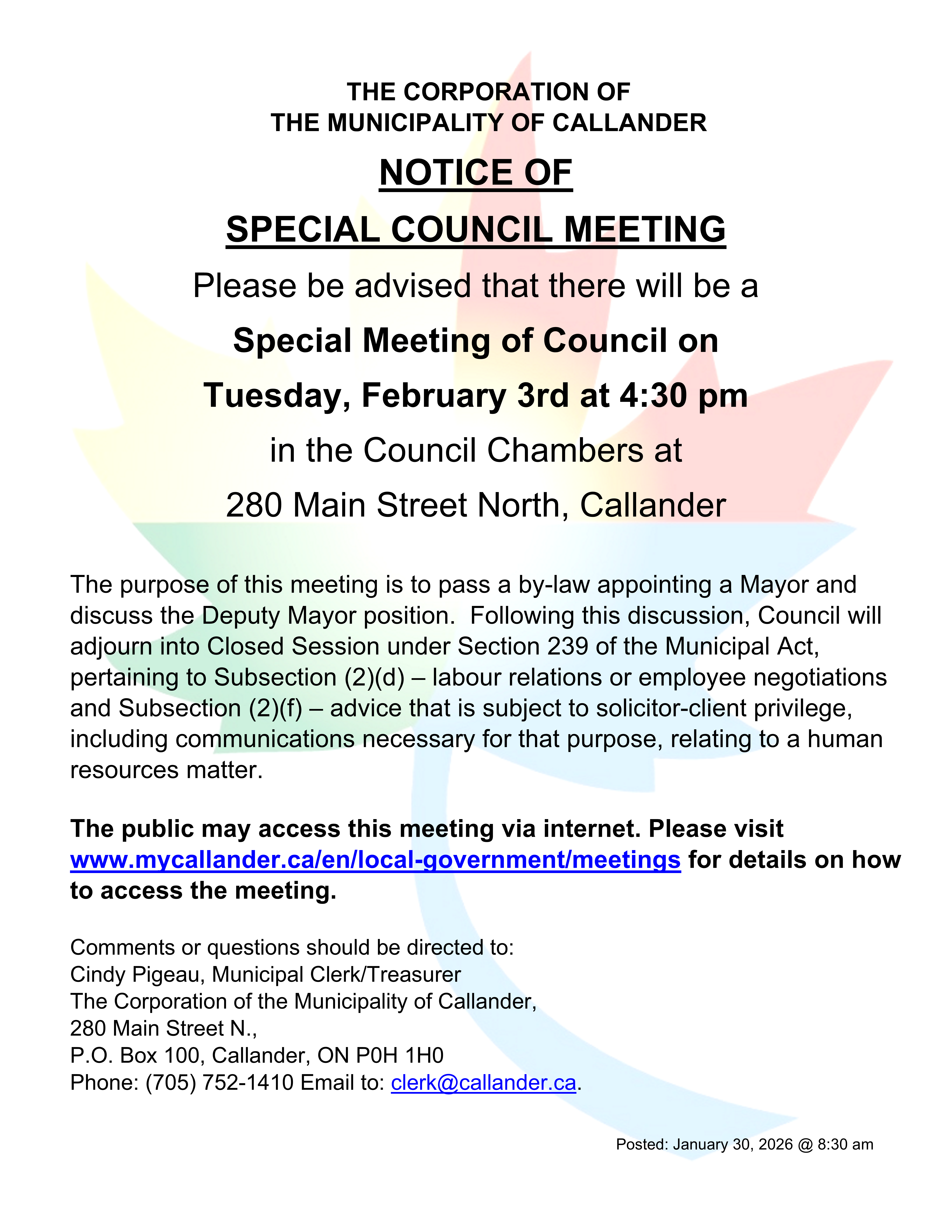 Notice of Special Meeting of Council
